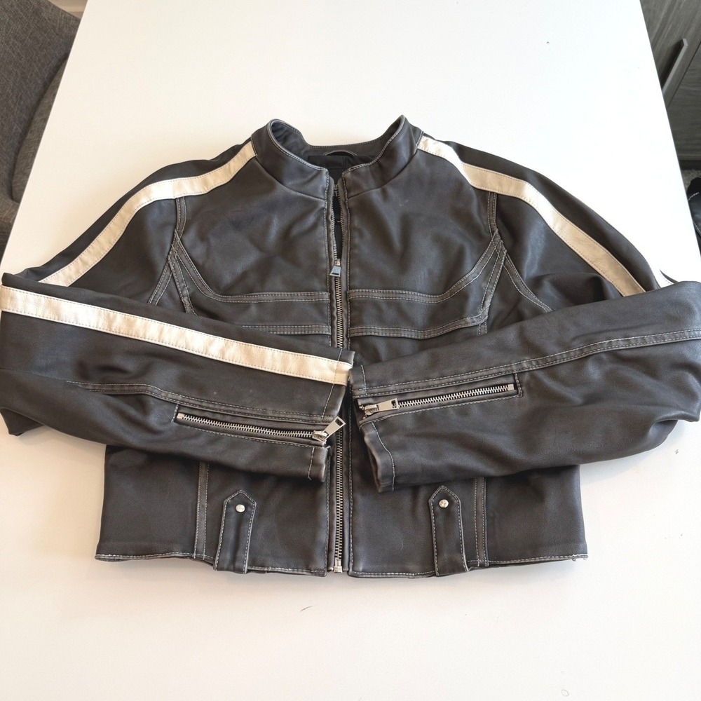 Urban Outfitters Womens Faux Leather Moto Racing Jacket Grey Cream Stripe Medium